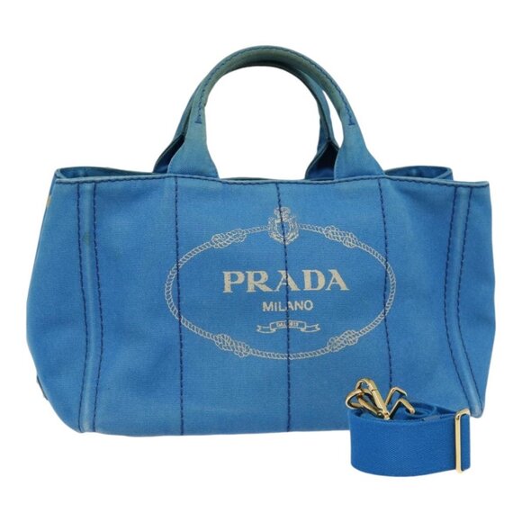 PRADA Canapa MM Hand Bag Canvas 2way Blue Gold Auth - Picture 1 of 15